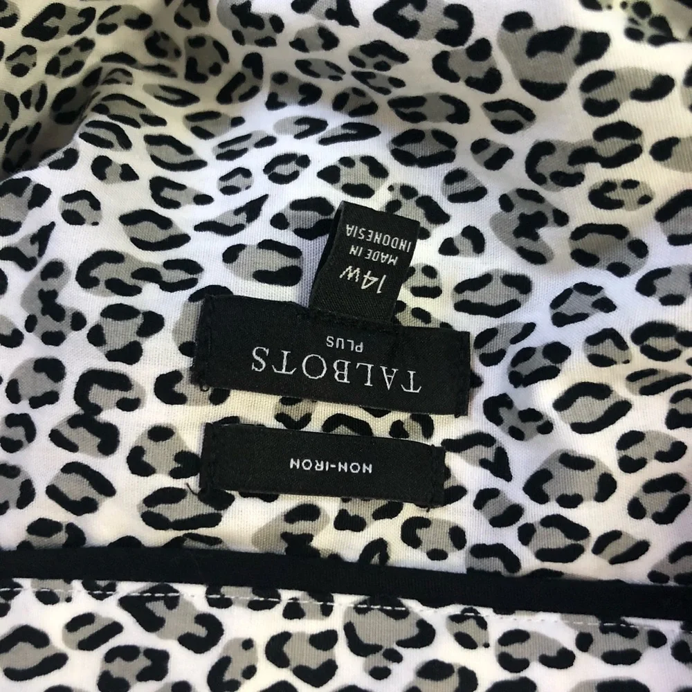TALBOTS No Iron gray black white leopard print long sleeve button down size 14W
